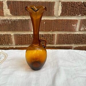 Amber Glass Mid Century Modern w/handle narrow neck scalloped rim Vase pitcher